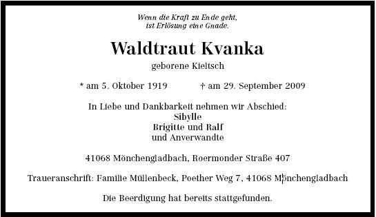 Kieltsch Waldtraut 1919-2009 Todesanzeige